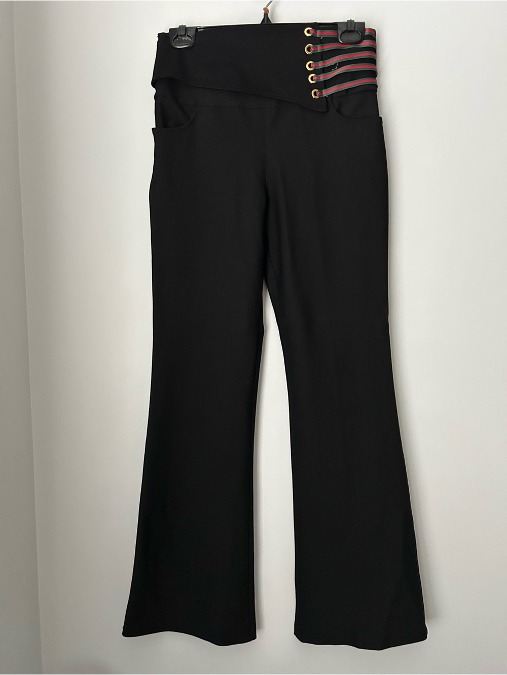 High-Waist Black Flared Pants with Accent Straps